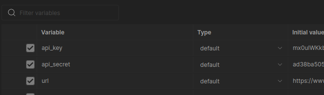 A screenshot of part of the variables section of the environment tab in Postman