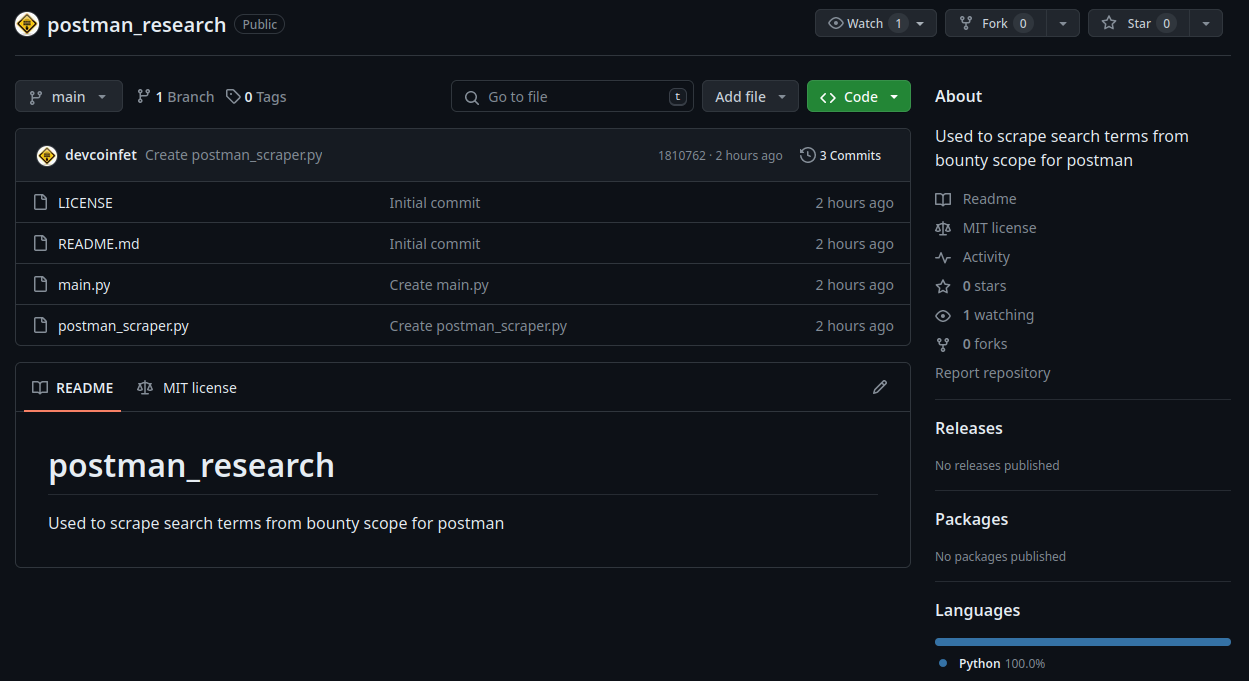 A screenshot of the files and README of the postman_research GitHub repository