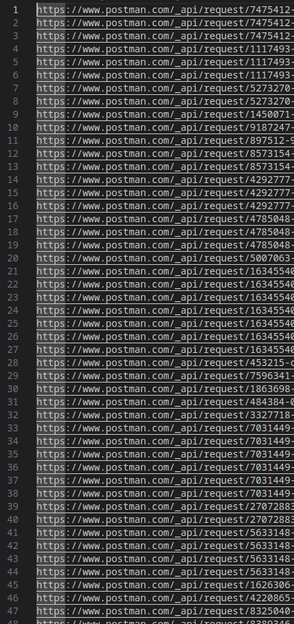 A screenshot a file containing a list of Postman API requests