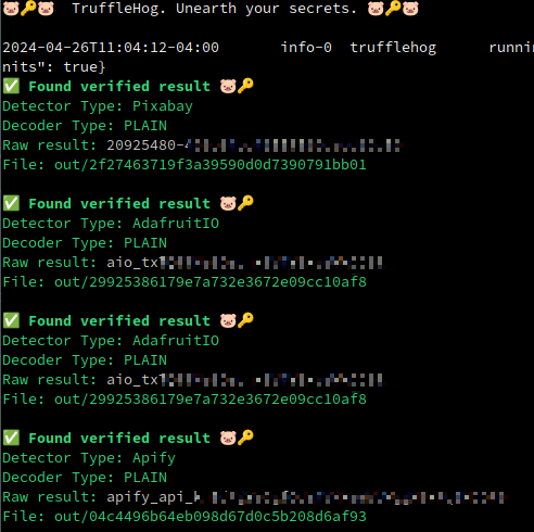 A screenshot of a number of Trufflehog verified secrets