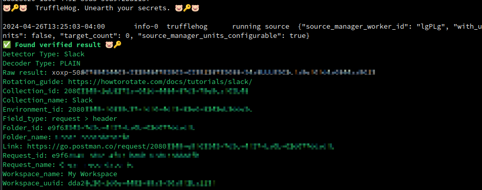 A screenshot of the output of the trufflehog postman scan command