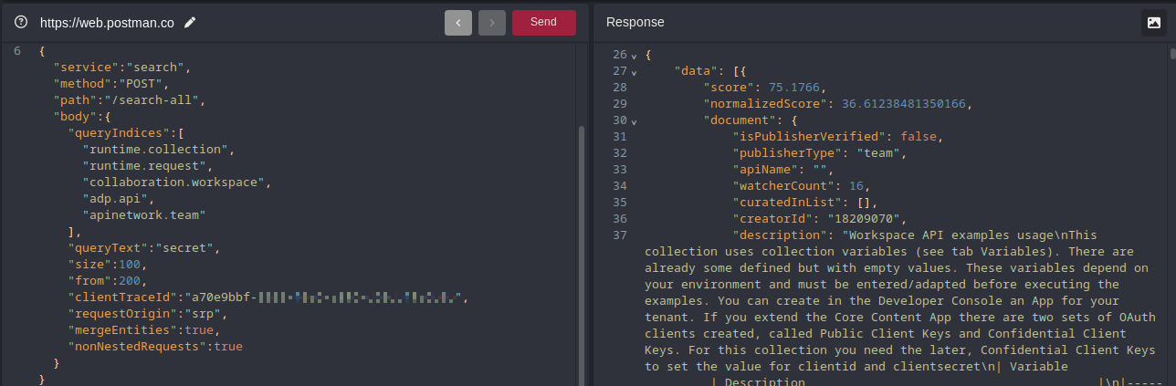 A screenshot of a request and response in Caido showing the parameters for the Web Socket method